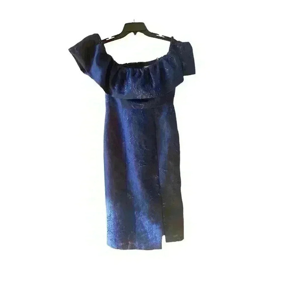 New Monique Lhuillier Cocktail Dress Off-The-Shoulder Bow Metallic Floral Size 8 - Picture 7 of 13